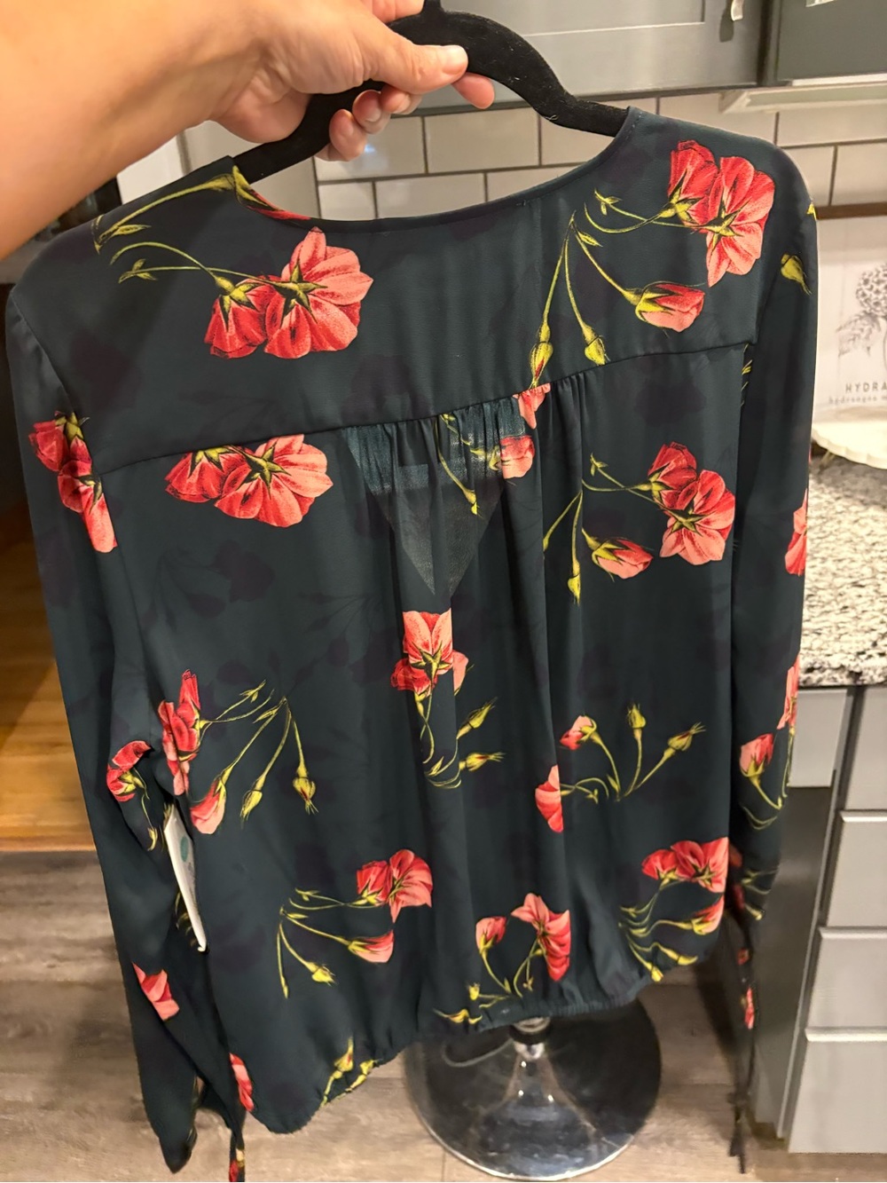 Floral V-Neck Long Sleeve Blouse - Dark Green and Black with Red Floral - Picture 6 of 6